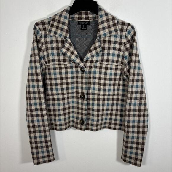 Rachel Zoe Button Up Cardigan Shacket Sweater Blazer Brown Plaid Large Fall - Picture 2 of 8